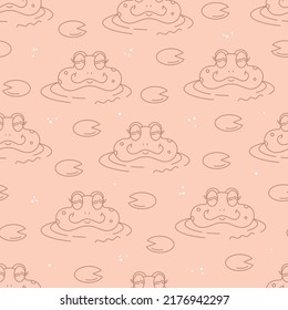 Patrón vectorial impecable dibujado a mano por rana sonriente. Textura divertida de dibujos animados. Objetos de línea. El fondo de la habitación para los niños, el arte infantil, el embalaje, el papel de envoltura, el tejido, la tela, el papel pintado, la ropa.