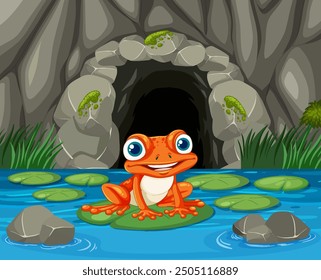 Smiling frog on lily pad near cave