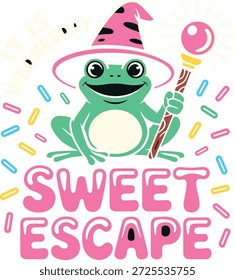 Lächelnder Frosch Zauberer, der Zauberstab mit Sprinkles hält