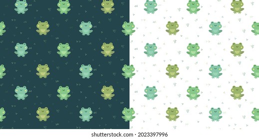 smiling frogs pattern green  stock vector flat illustration isolated white background  cartoon style  textile green frogs