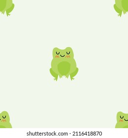 Smiling frogs with pink cheeks. Enamored green toads. Vector animal characters seamless pattern of amphibian toad drawing.Childish design for baby clothes, bedding, textiles, print, wallpaper.