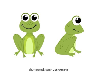 Smiling frogs in profile and full face. Frog side face. Cartoon, flat. Isolated vector illustration eps