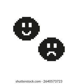 Smiling And Frowny Faces Pixel Art Icon. Emotional Expression And Mood Representation Symbol. Positive And Negative Feelings. Isolated Vector Illustration.