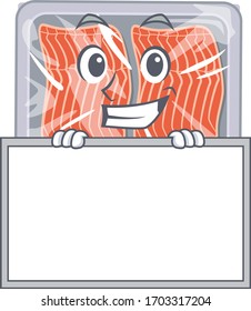 Smiling frozen salmon cartoon design style has a board