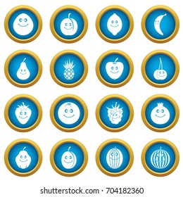 Smiling fruit icons blue circle set isolated on white for digital marketing