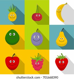 Smiling fruit icons set. Flat set of 9 smiling fruit vector icons for web with long shadow