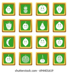 Smiling fruit icons set in green color isolated vector illustration for web and any design