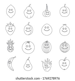 Iconos de frutas sonrientes. Ilustración de esquema de 16 iconos sonrientes de vectores de frutas para web