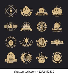 Smiling fruit logo icons set. Simple illustration of 16 smiling fruit logo vector icons for web
