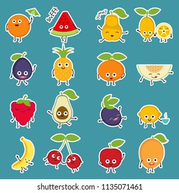 Smiling fruits. Blue background. Cute cartoon characters.