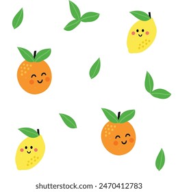 Smiling fruits flat hand drawn seamless pattern. Healthy nutrition cartoon texture. Organic food illustrations. Kids nutrition sketch colour clipart. Kitchen textile, background vector fill.