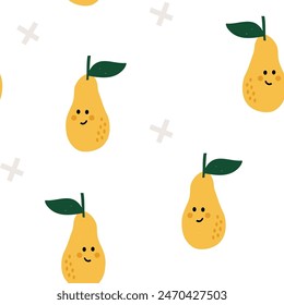 Smiling fruits flat hand drawn seamless pattern. Healthy nutrition cartoon texture. Organic food illustrations. Kids nutrition sketch colour clipart. Kitchen textile, background vector fill.