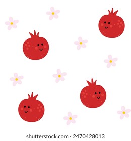 Smiling fruits flat hand drawn seamless pattern. Healthy nutrition cartoon texture. Organic food illustrations. Kids nutrition sketch color clipart. Kitchen textile, background vector fill.