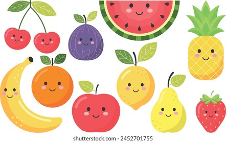 Smiling fruits set cartoon vector style