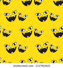 Smiling fun faces seamless vector pattern. Cartoon character emoticon. Funny vector illustration. Cute and creative halloween background.
