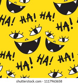 Smiling fun faces seamless vector pattern with text, ‘Ha ha!’. Cartoon character emoticon. Funny vector illustration. Cute and creative halloween background.