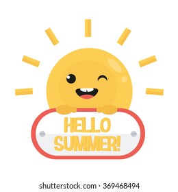 Smiling funny cartoon sun with sign. Hello summer logo. Flat design.