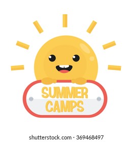 Smiling Funny Cartoon Sun With Sign. Summer Camps Logo. Flat Design.