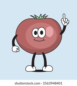 Smiling funny cartoon tomato character with a happy face, pointing upward with one hand, isolated on a light blue background. Flat cartoon vector illustration