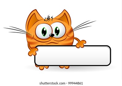 A smiling, funny cat holding a blank sign in its hand. Illustration on white.