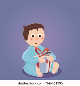 Smiling funny child holding Christmas santa's gift in hand. Christmas concept. Vector illustration.