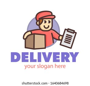 Smiling funny cute delivery man holding a cardboard box. Design for print, emblem, t-shirt, party decoration, sticker, logotype.
