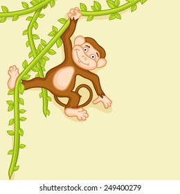 Smiling funny cute monkey hanging by vines over beige background.