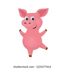 Smiling funny cute standing pig with big eyes. Happy cheeful dancing toy pigglet character. Vector cartoon illustration. 