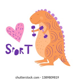 Smiling funny dinosaur with dumbbells. Cute animal love sport. Vector background. Isolated hand drawn illustration. Character for kids. Pencil texture.
