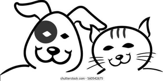 Smiling, funny dog and cat sitting to each other