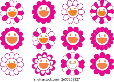Smiling funny flowers stock images on white. Smiling faces, Cute camomile happy emotion. Illustration of smile floral flower, bloom camomile. Hippie 60s, 70s style. Emotion stickers, editable EPS 10.