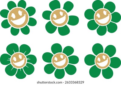 Smiling funny flowers stock images on white. Smiling faces, Cute camomile happy emotion. Illustration of smile floral flower, bloom camomile. Hippie 60s, 70s style. Emotion stickers, editable EPS 10.