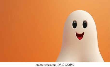 Smiling funny ghost in white fabric portrait Halloween banner copy space 3d icon realistic vector illustration. Comic fantasy scary flying monster fear horror silhouette mystery figure phantom spirit