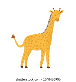 Smiling funny giraffe in simple scandinavian childish style. Cute african savannah animal isolated on white background. Flat vector cartoon textured illustration