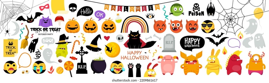 Smiling and funny Halloween illustrations set: pumpkin, ghost, cat, bat, candy jar. Isolated icons