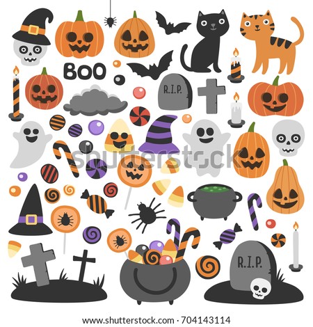 Smiling and funny Halloween illustrations set: pumpkin, ghost, cat, bat, candy jar. Isolated icons