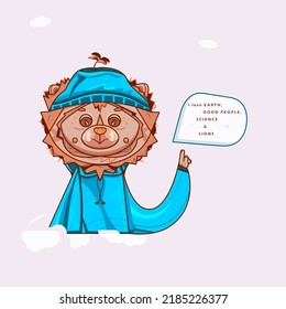 A smiling funny lion dressed in a blue hat with a little palm picked to it. A lion cube worn in blue costume, hoodie with a hand, paw up pointing to a speech bubble. Lion is surrounded by some clouds.