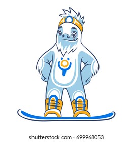 Smiling funny mascot yeti on a snowboard, cartoon bigfoot illustration, vector