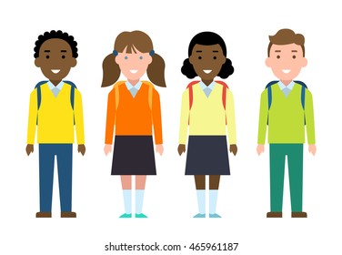 Smiling funny schoolchildren set. Kids with backpacks and bags in uniform. Happy children are ready for school. New school year.