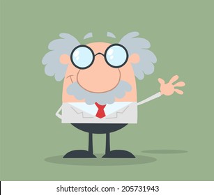Smiling Funny Scientist Or Professor Waving Flat Design. Vector Illustration