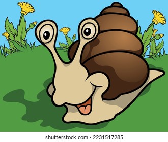 Smiling Funny Snail with Brown Snail Shell - Colored Cartoon Illustration with Background, Vector