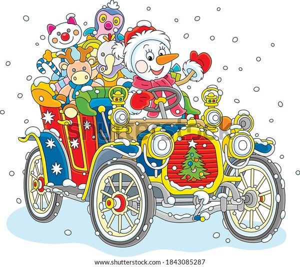Smiling funny snowman\
driving a colorful old car with Christmas gifts for children on a\
snowy winter day, vector cartoon illustration isolated on a white\
background
