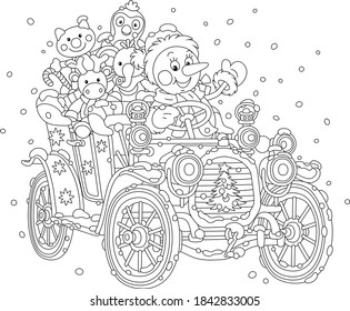 Sonriente muñeco de nieve que conduce un auto viejo con regalos de Navidad para niños en un día de invierno nevado, ilustración de dibujos animados de vector blanco y negro para una página de libros de color