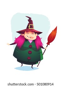 Smiling funny witch with a broom Cartoon halloween vector illustration