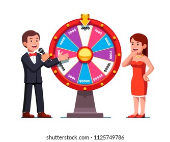 Smiling Game Show Host Man Showing Wheel Of Fortune Win Sector To Excited Woman. Colorful Clipart Design. Fortune Wheel Game, Casino And Gambling. Flat Vector Illustration Isolated On White