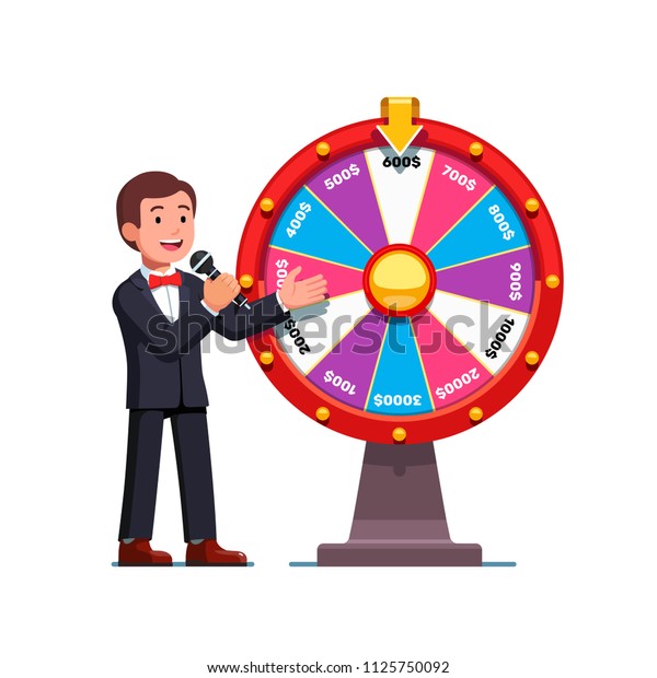 Smiling game show host man wearing bowtie\
talking to mic presenting wheel of fortune with money prizes bets.\
Wheel of fortune game show gambling concept. Flat vector\
illustration isolated