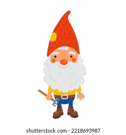 Smiling garden gnome flat illustration isolated on white background.