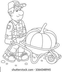 Smiling gardener carrying a big pumpkin in his barrow, a black and white vector illustration in a cartoon style for a coloring book