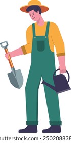 Smiling gardener with watering can and small shovel. Concept of environmental protection, planting vegetables, gardening. Flat vector illustration.