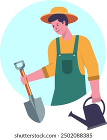 Smiling gardener with watering can and small shovel. Concept of environmental protection, planting vegetables, gardening. Flat vector illustration.